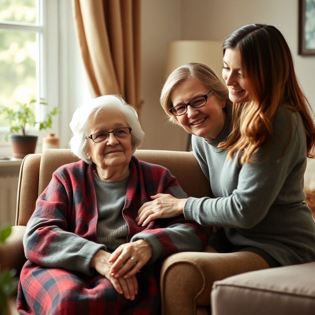 A calm elderly woman in a cozy living room setting