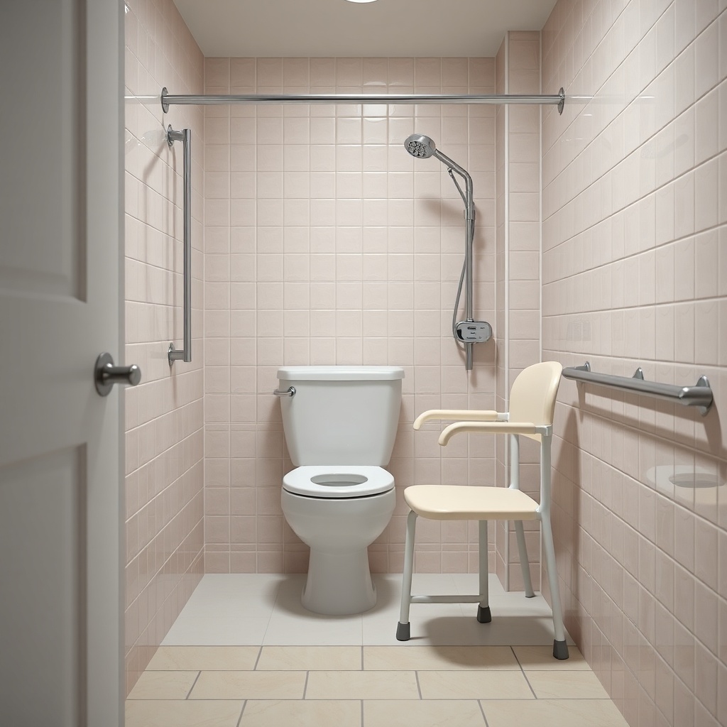 A safe and well-lit elderly-friendly bathroom with a grab bar near the toilet