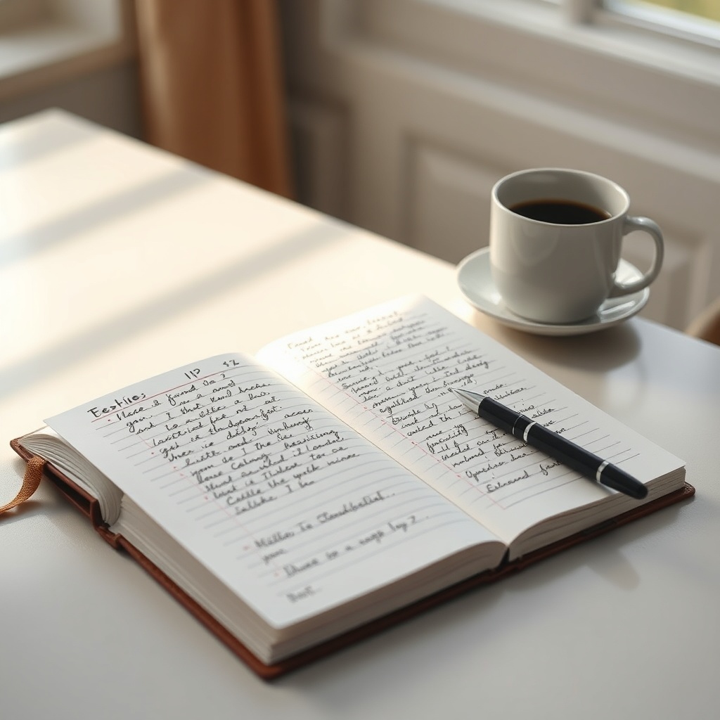 A neat notebook open on a kitchen table with handwritten notes