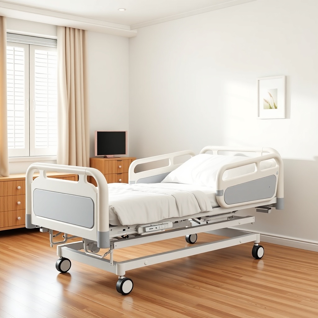 A realistic photo of a modern electric nursing bed in a bright