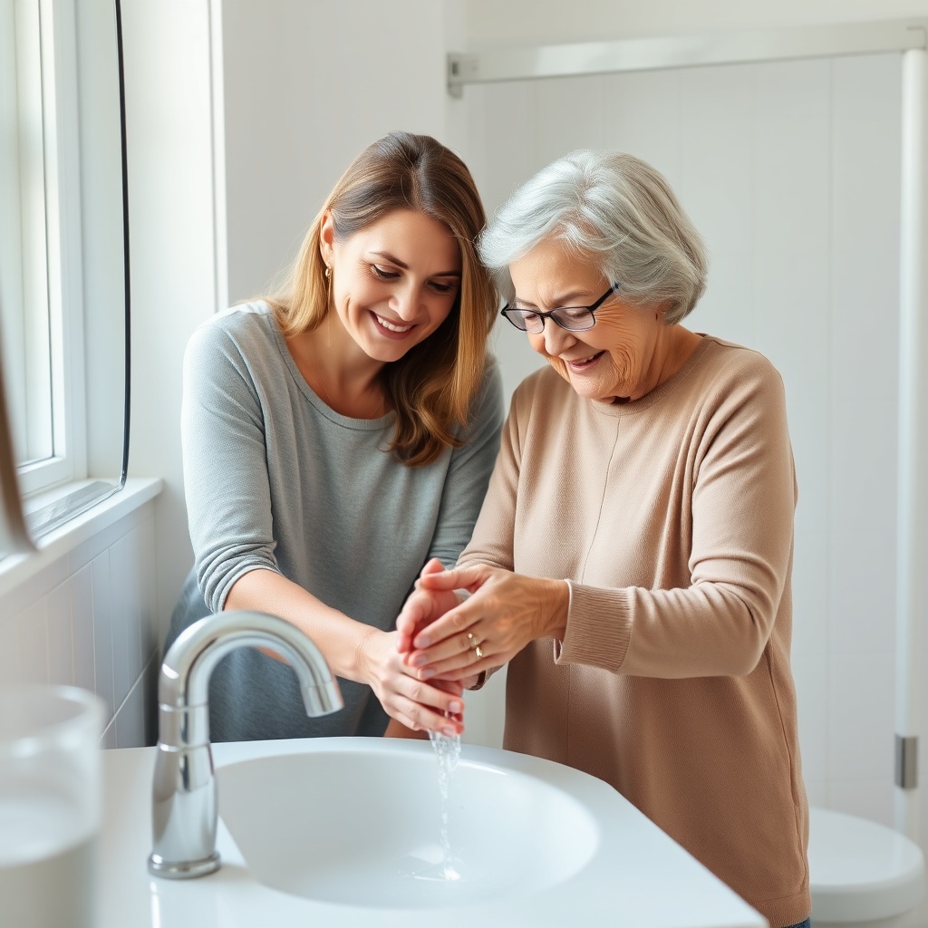 A middle-aged daughter helping her elderly mother wash her hands at a sink in a bright