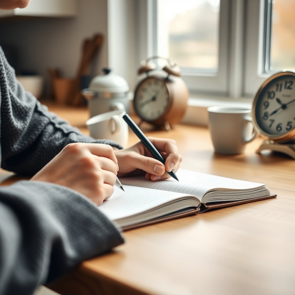 A close-up of a person writing in a physical daily log book at a kitchen table