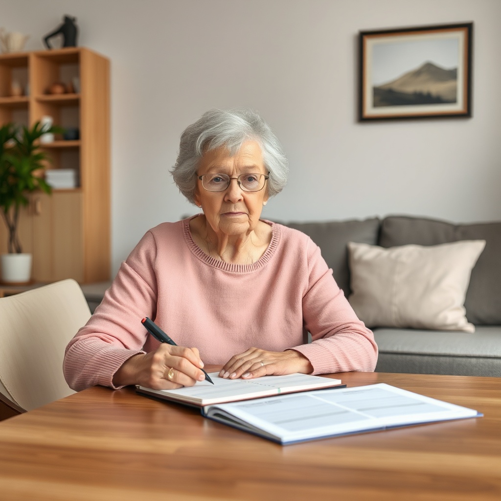 A clean photorealistic photo showing an older woman in a cozy living room