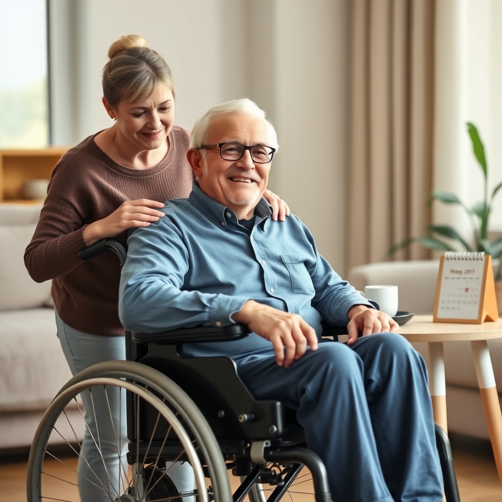 A clean photorealistic photo of a cheerful senior man sitting in a wheelchair in a sunlit