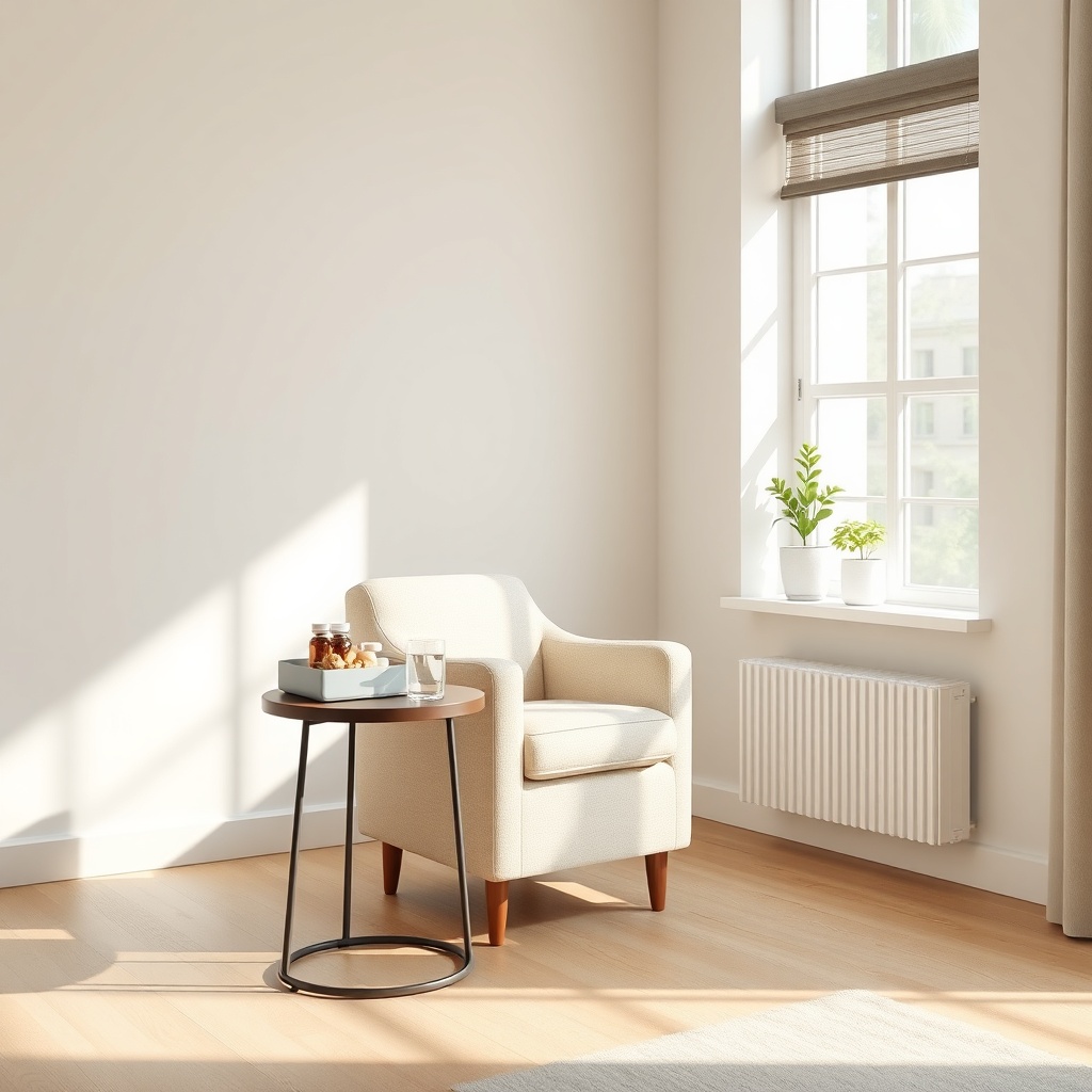 A clean photorealistic photo of a modern living room with a comfortable armchair and a sid