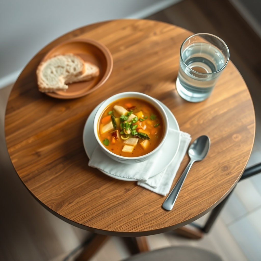 A clean photorealistic photo of a round wooden dining table set for one with a bowl of col