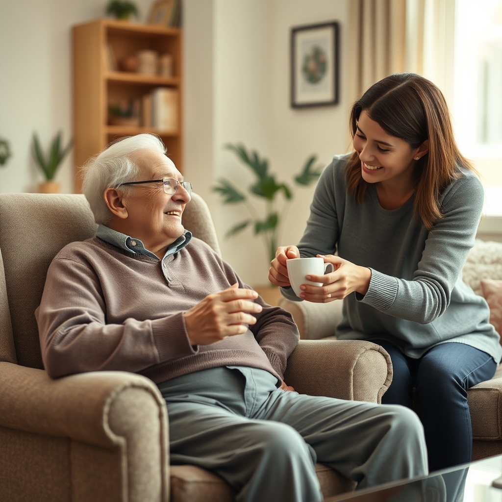 An elderly person sitting in a comfortable armchair at home