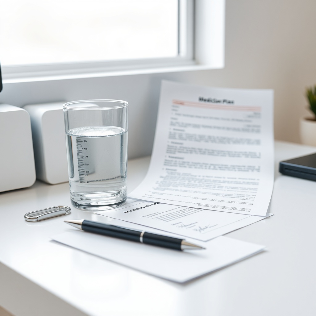A clean desk with a glass of water