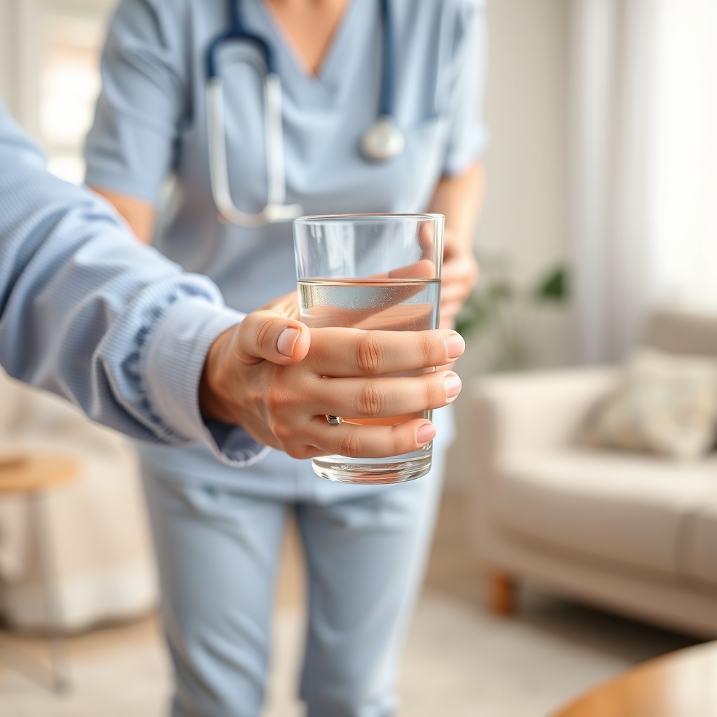 A photorealistic shot of a senior's hand holding a glass of water