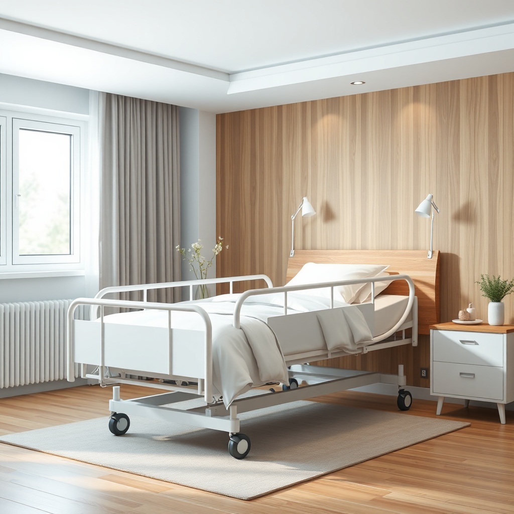 A photorealistic image of a modern electric nursing bed in a bright home bedroom with a wo