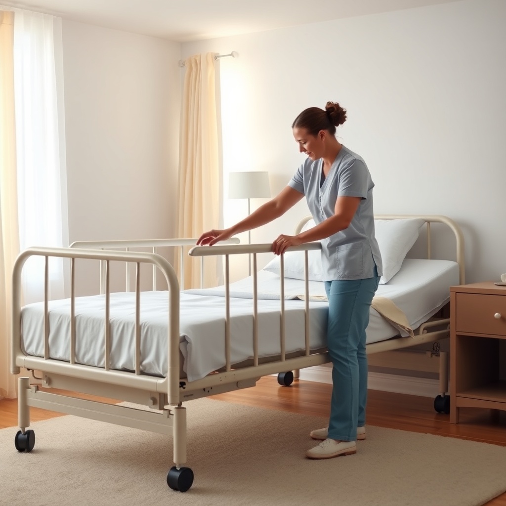 A photorealistic image of a peaceful bedroom with an adjustable nursing bed