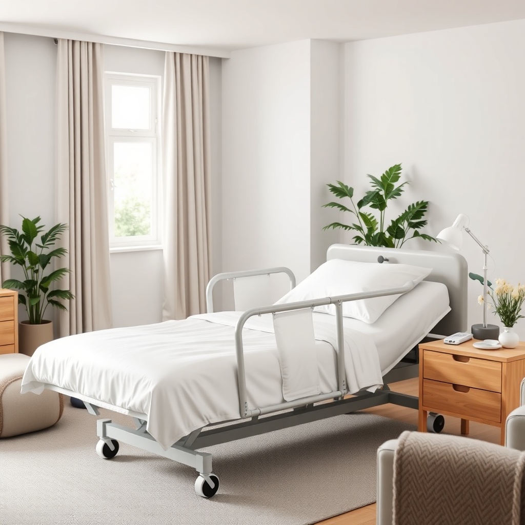 A photorealistic medium shot of a modern electric care bed in a bright home living room
