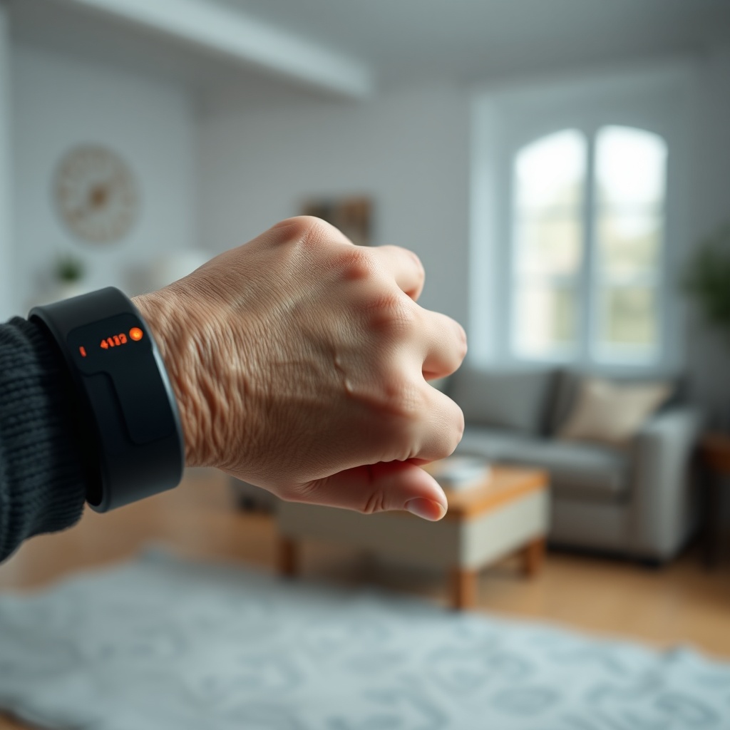 A photorealistic close-up of an elderly hand pressing a wearable emergency button on a wri