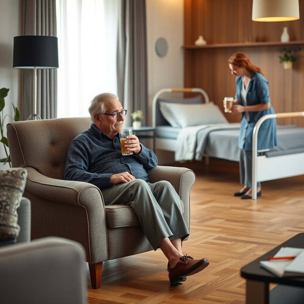 A clean photorealistic living room scene with an older person sitting in an armchair