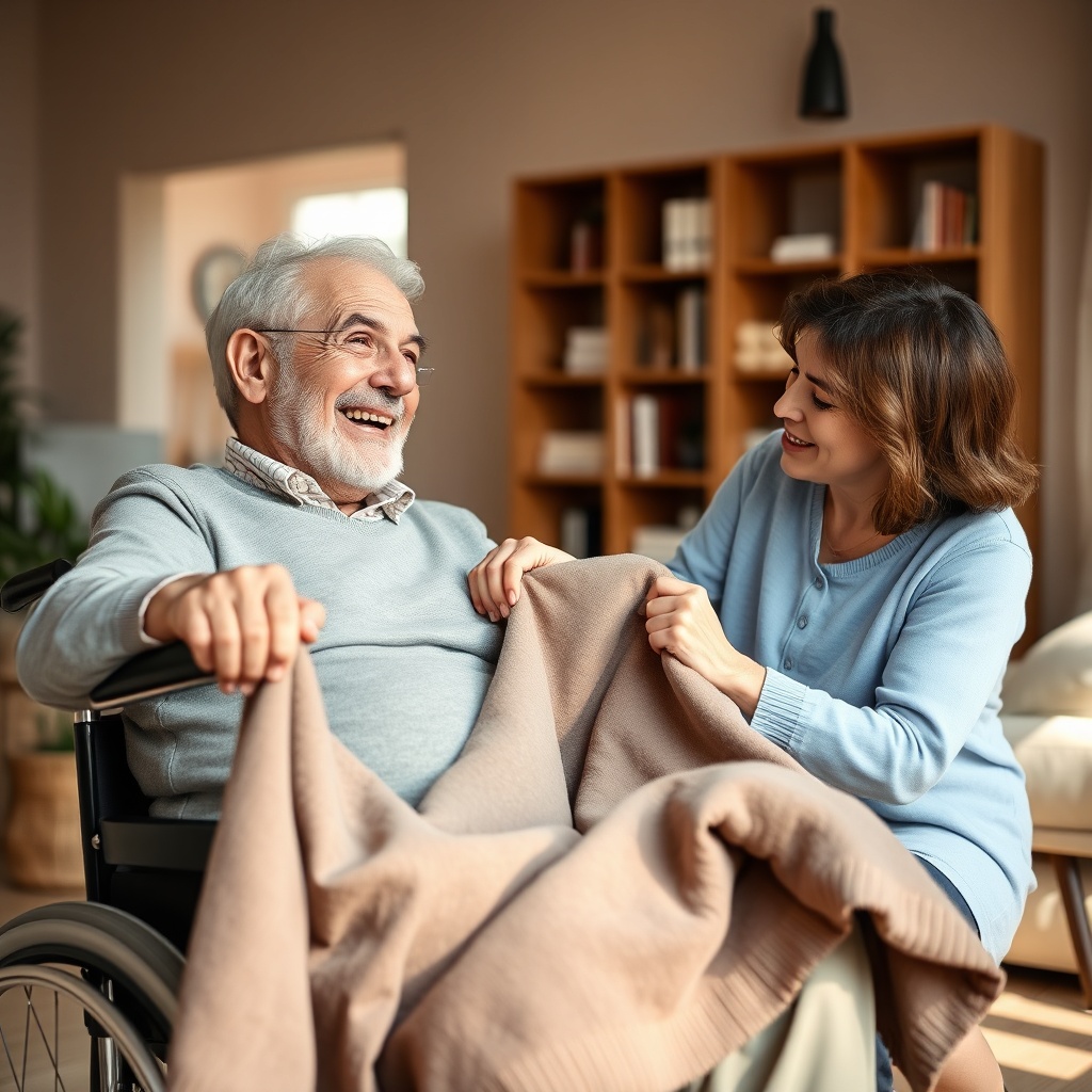 A photorealistic photo of a cheerful elderly man sitting in a wheelchair