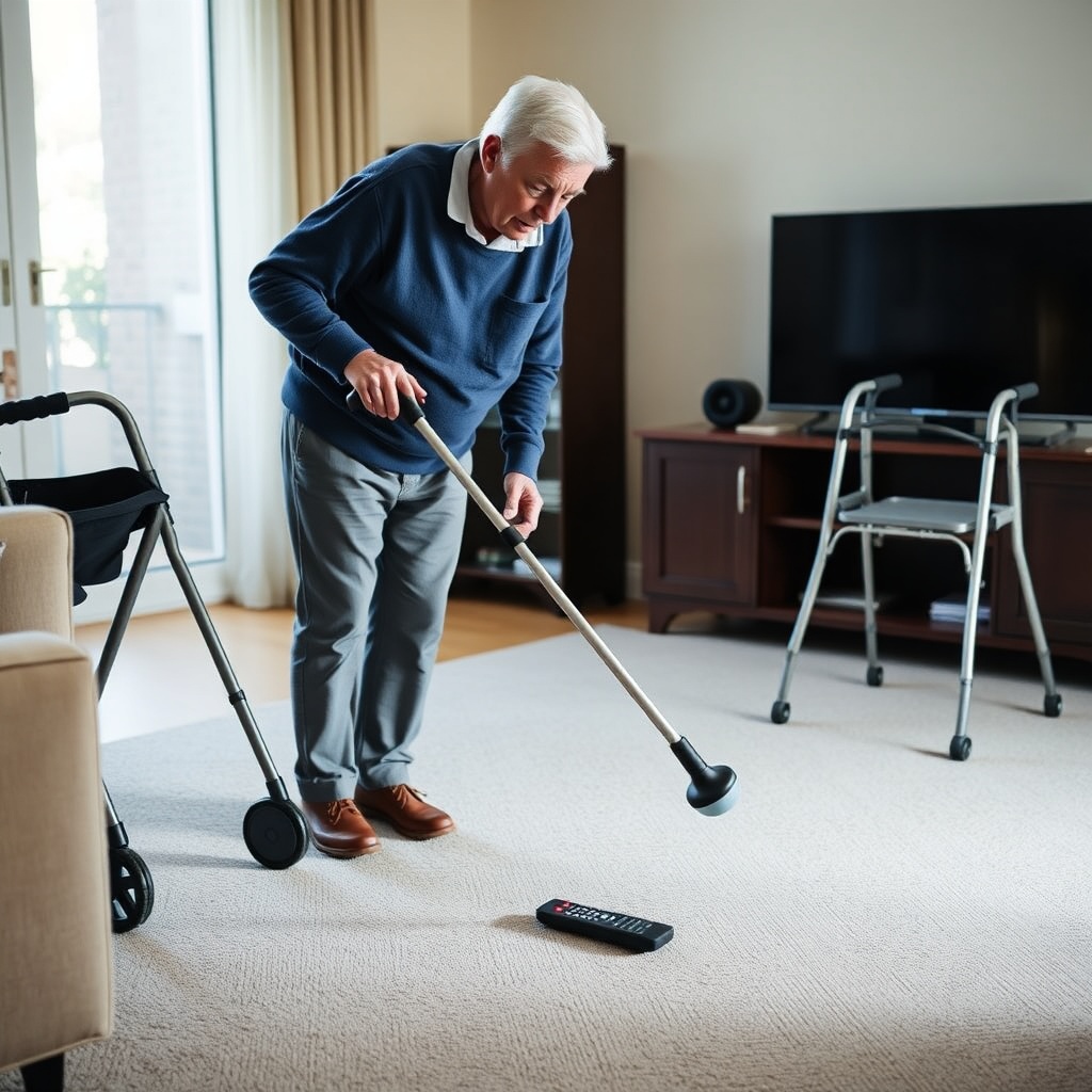 A photorealistic image of a senior person in a well-lit living room using a long-handled r