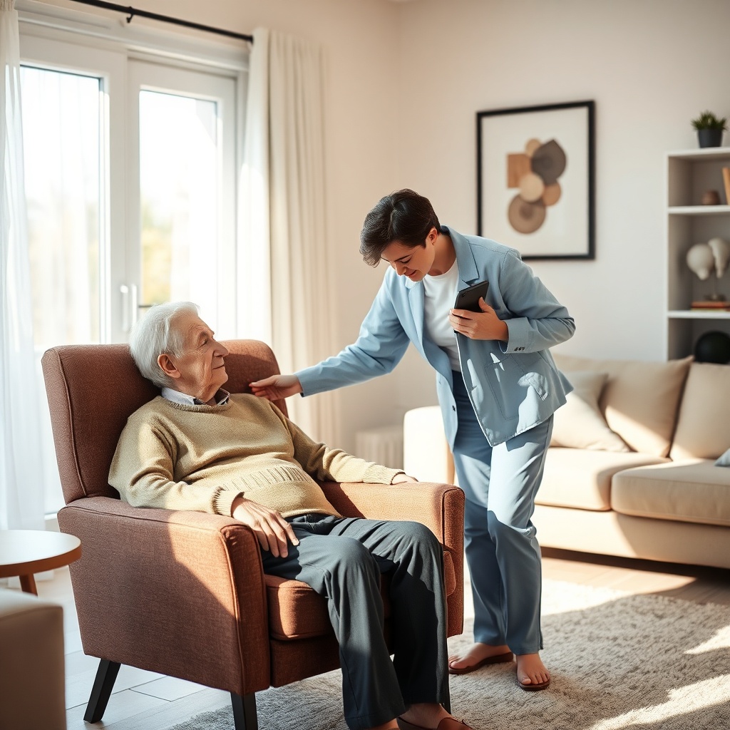 A calm living room scene with an elderly person sitting in an armchair