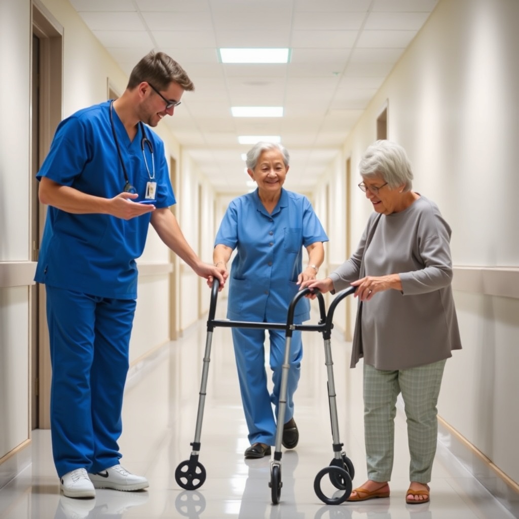 A professional caregiver in a blue uniform helping an elderly person with a walker in a br