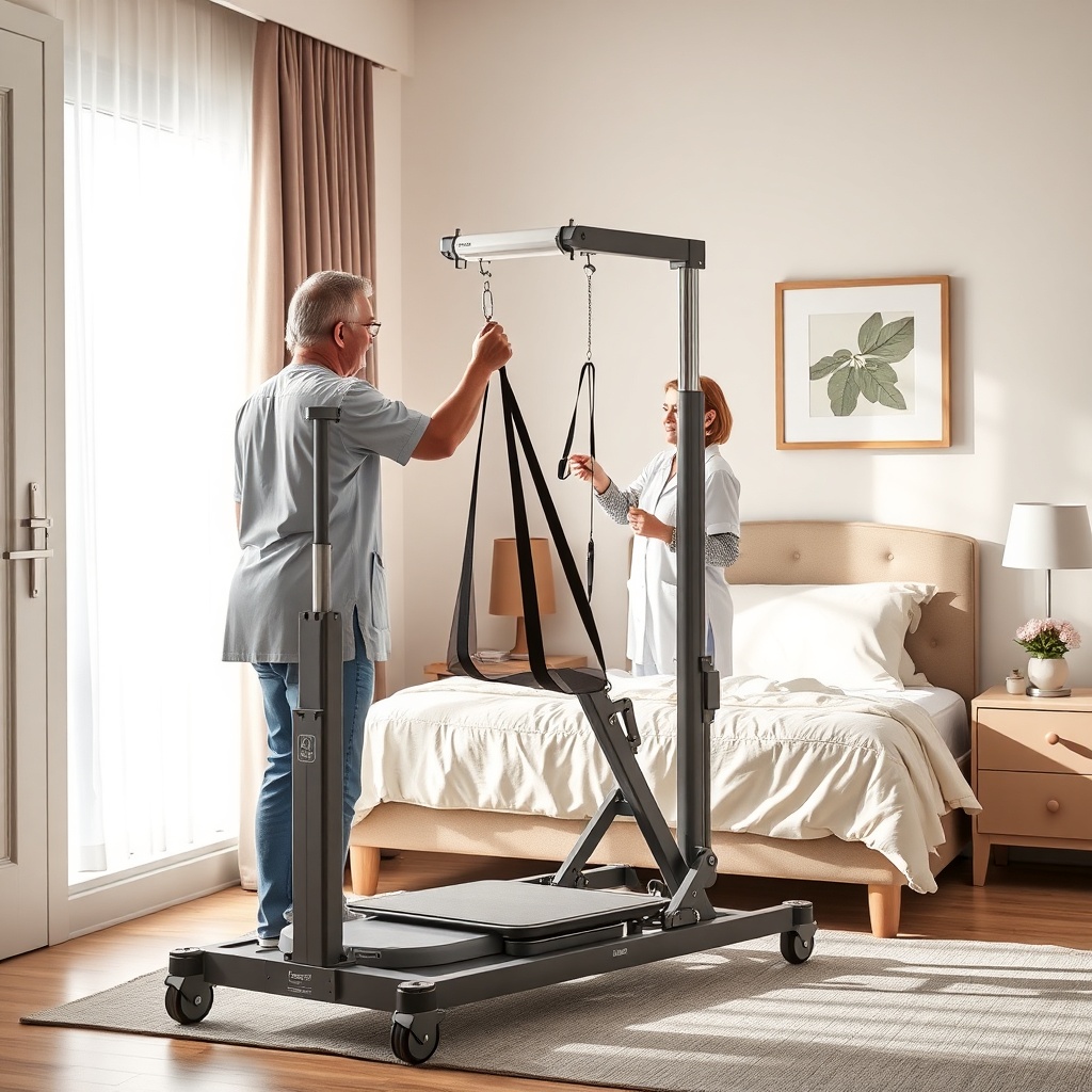 A clean photorealistic photo of a mobile patient lift in a bright