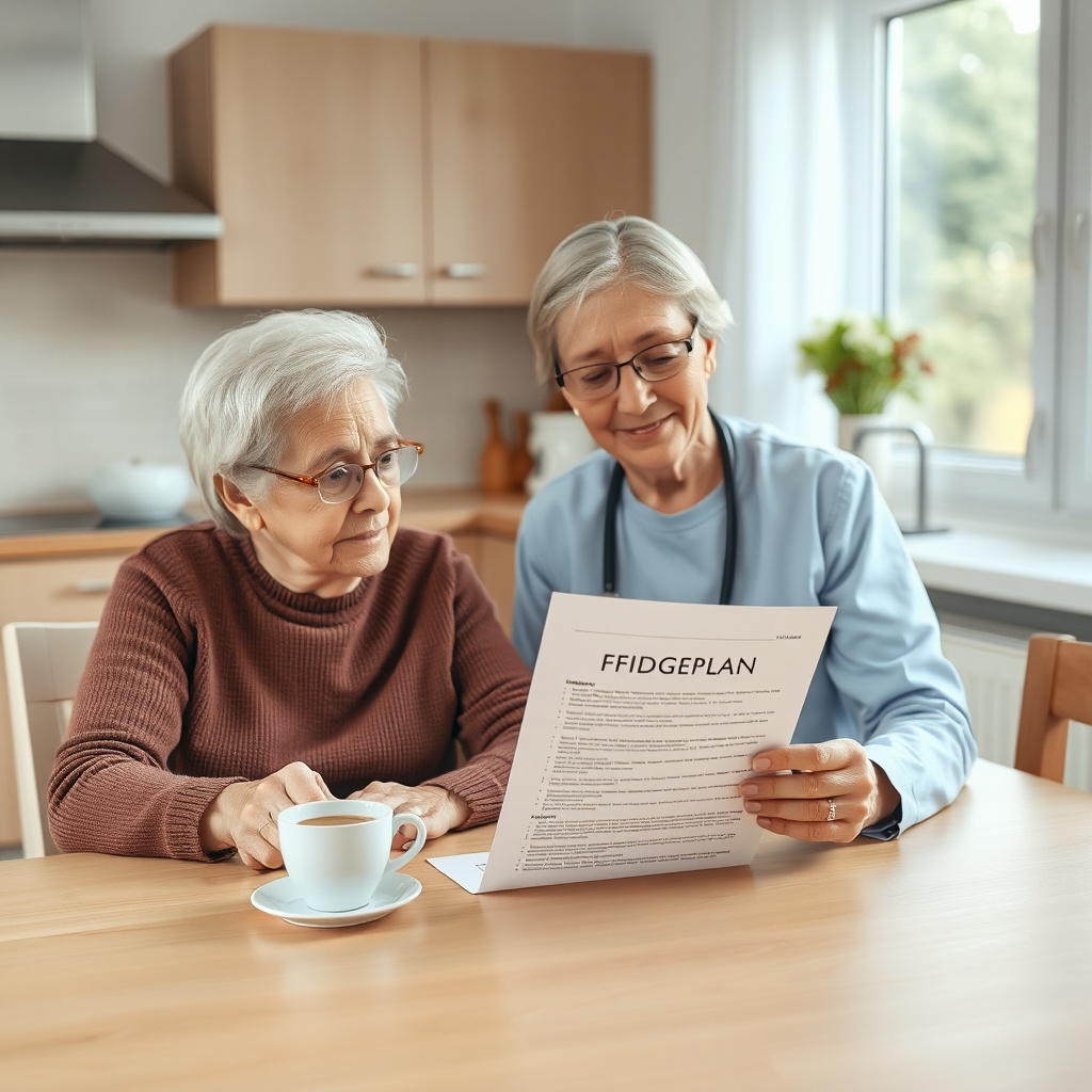 A clean photograph of a senior and a caregiver sitting at a kitchen table