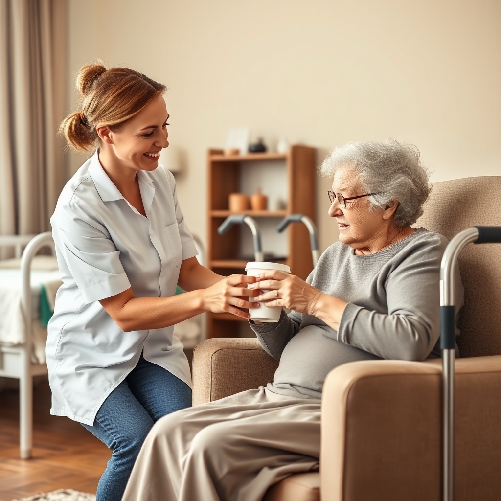 A photorealistic image showing a care situation at home: a middle-aged female family careg