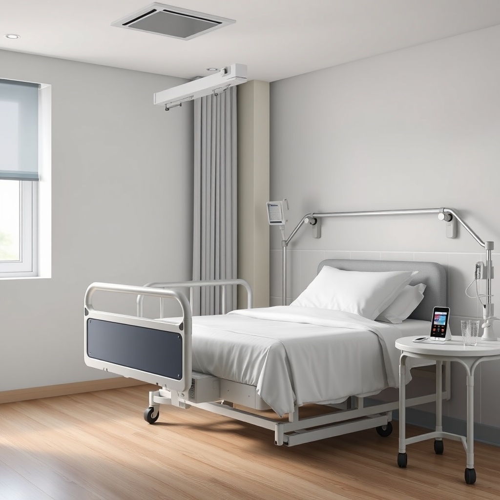 A photorealistic image of a modern hospital-style home care bedroom: an adjustable electri