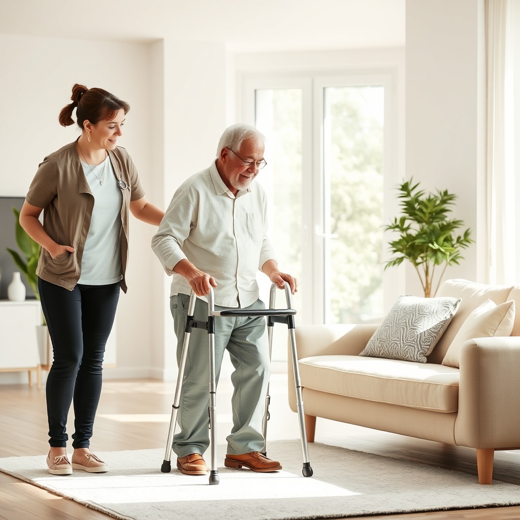 A photorealistic photo showing a senior man with a walking frame being gently assisted by