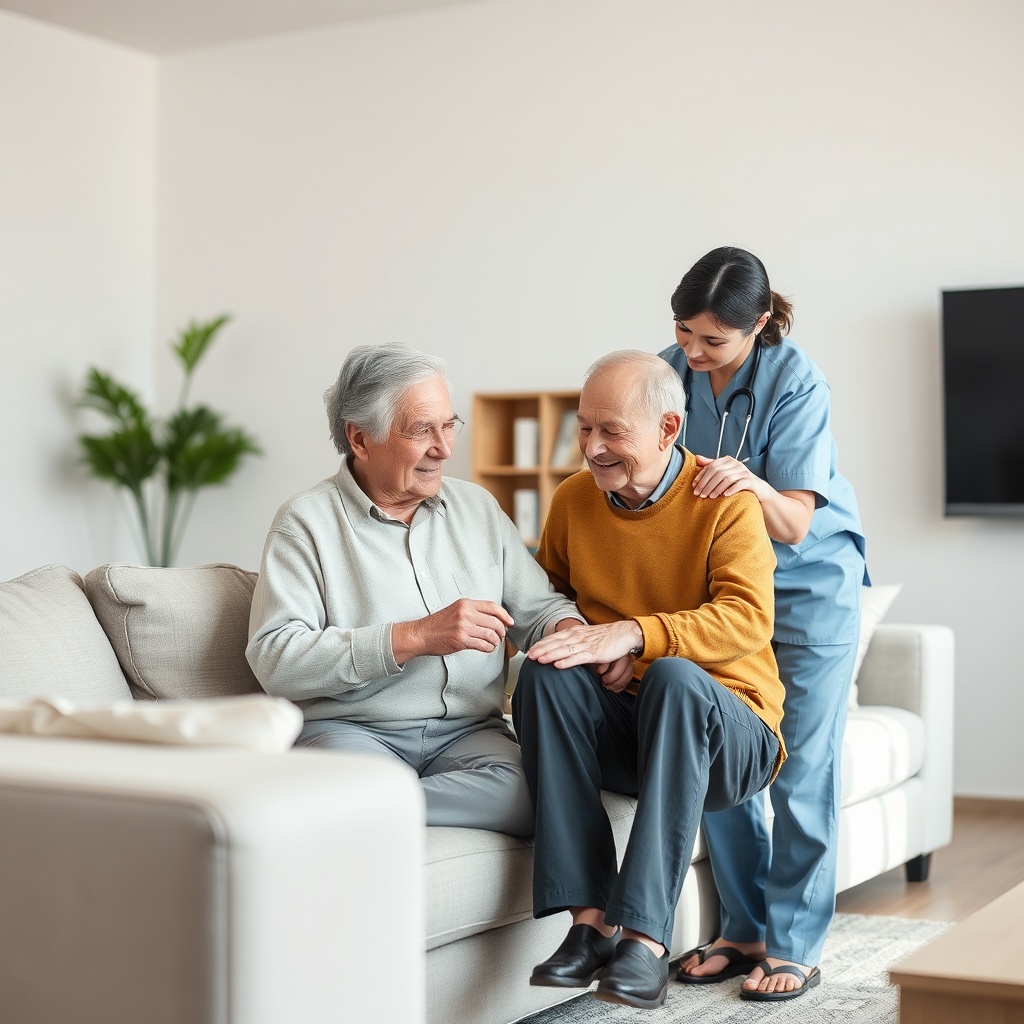 A photorealistic image of a middle-aged woman helping an elderly man sit up in a modern