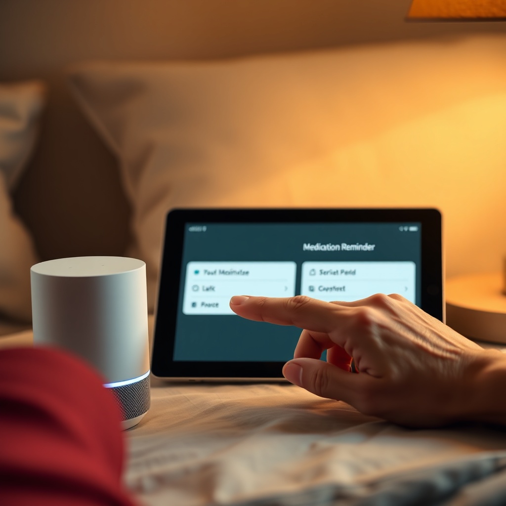 A photorealistic photo of a senior's hand gently touching a smart speaker on a bedside tab