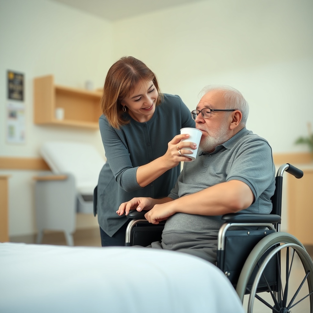 A photorealistic photo of a middle-aged woman carefully helping an elderly man in a wheelc