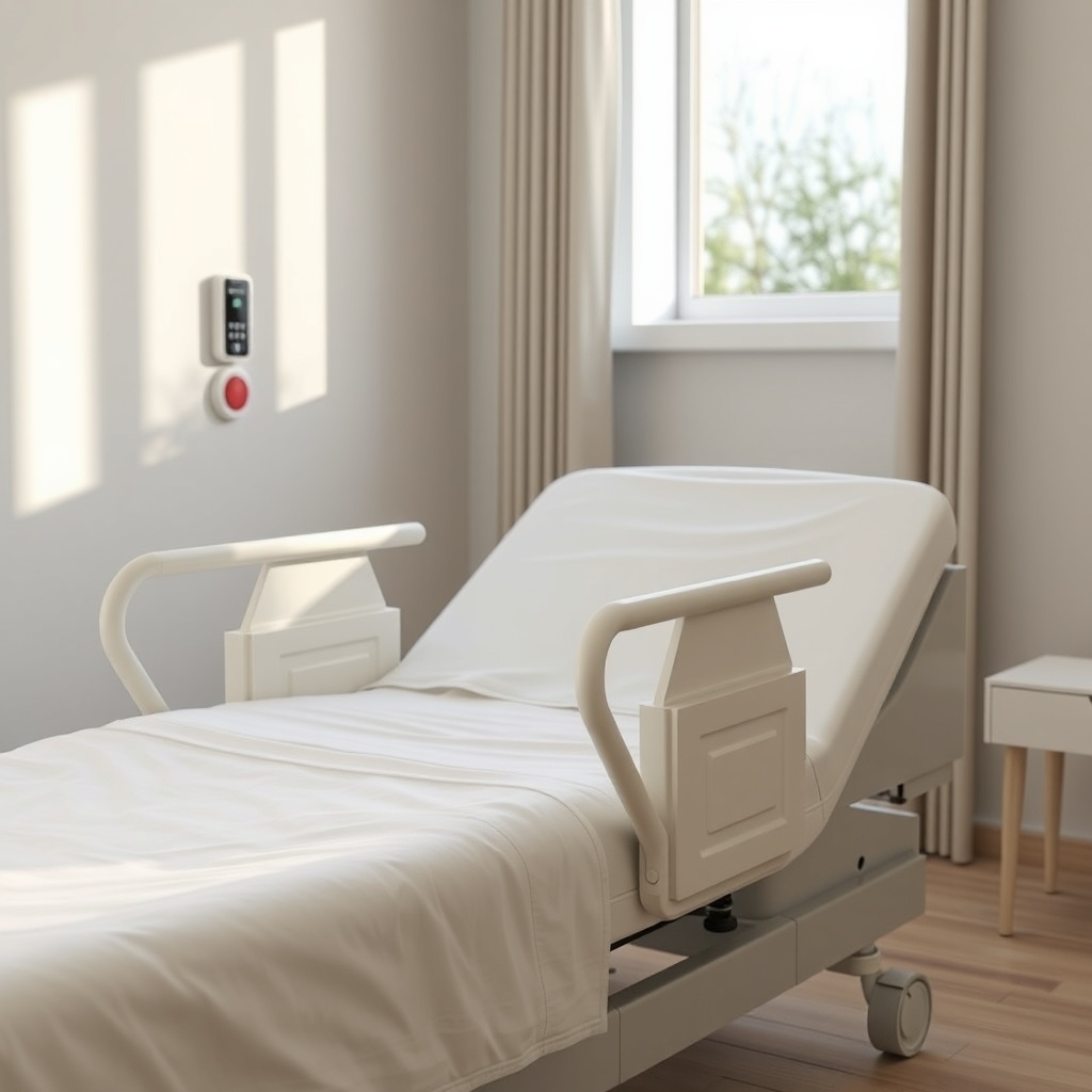 A clean photorealistic photo of an electric adjustable care bed in a modern room
