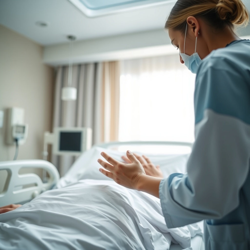 A clean photorealistic photo showing a close-up of a care professional gently adjusting a