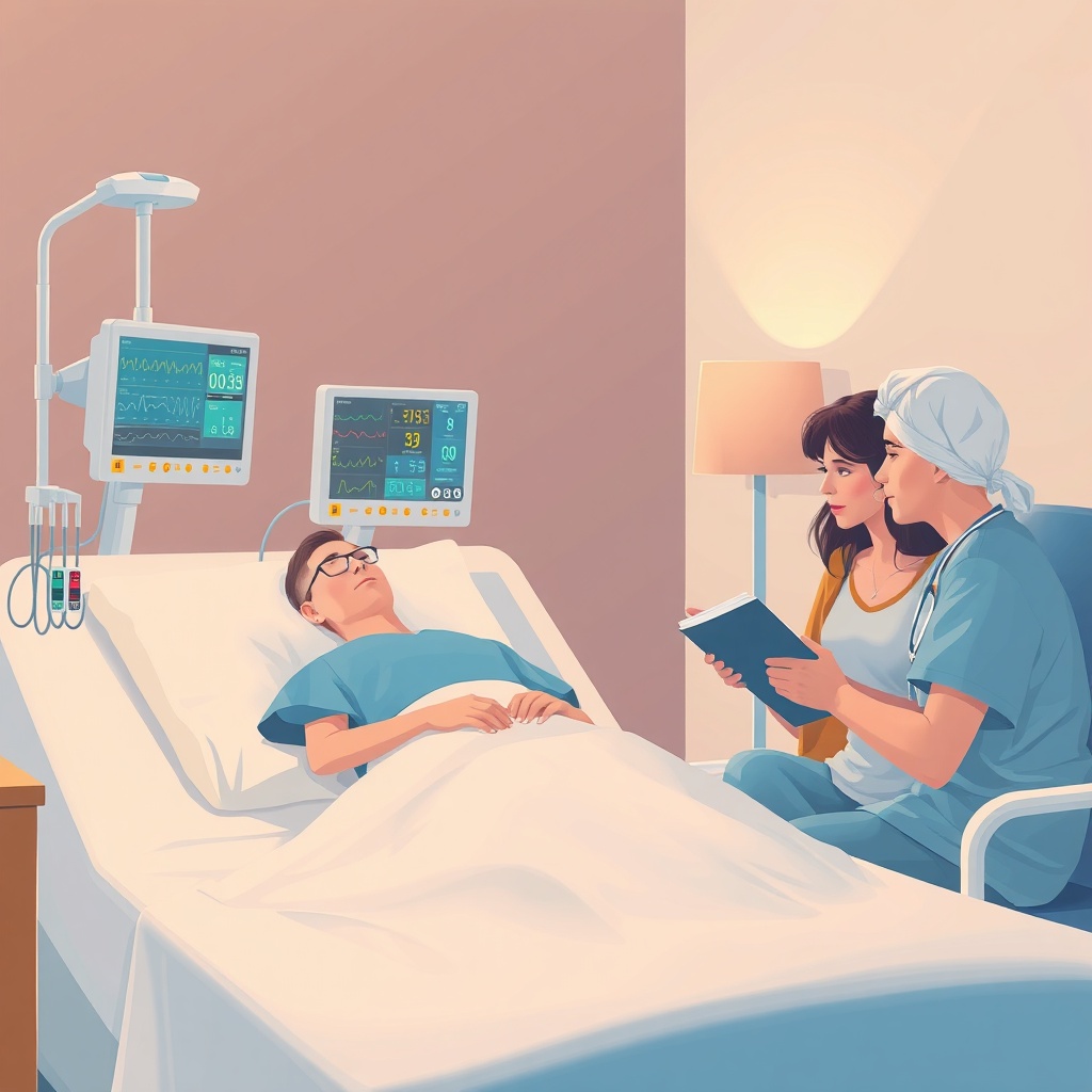 A photorealistic illustration of a patient lying in a hospital bed with a nurse checking v